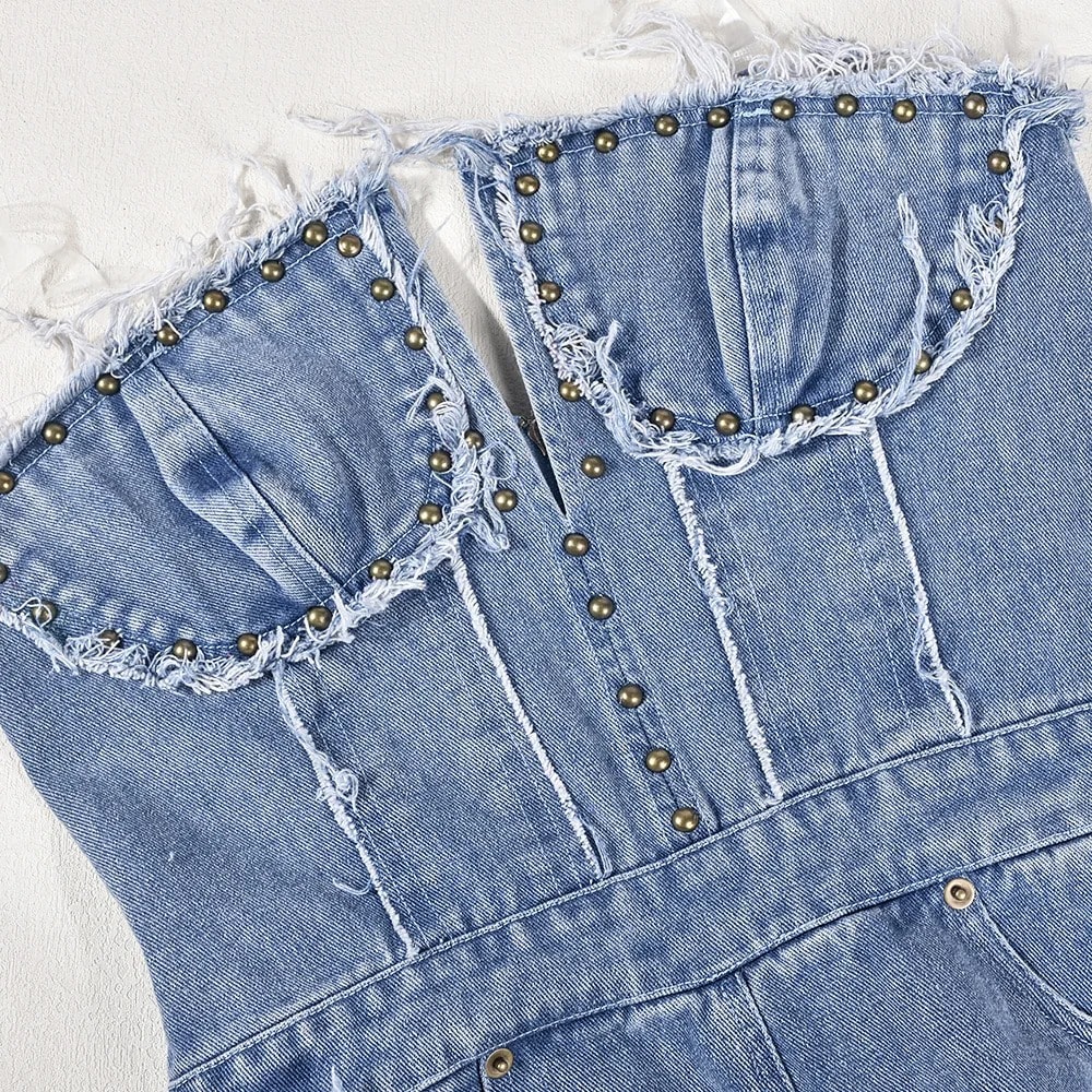 2023 Vintage Denim Jumpsuit: Off-Shoulder Rivet Romper